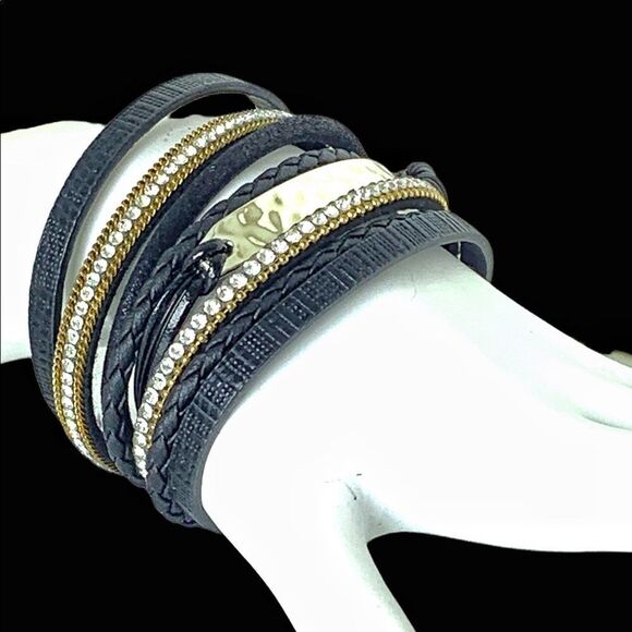 Vintage new old stock black leather multi strand bracelet - Picture 1 of 8